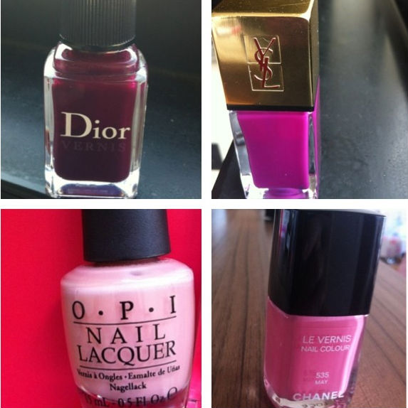 Da esquerda para a direita, de cima para baixo: Dior 981, Violine Surrealista, YSL, Dulce de Leche, OPI e May, de Chanel. Quando um deles acabar ou sair de linha, não sei o que vou fazer!