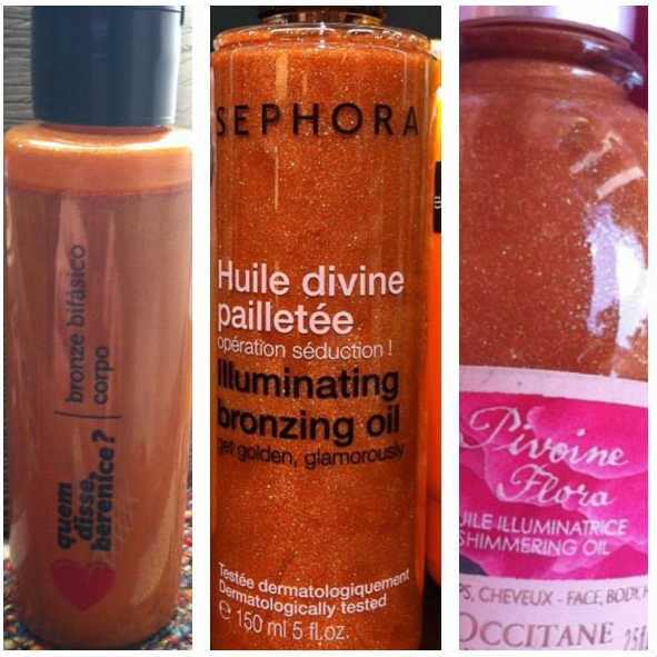 Bronze Bifásico de quem disse, berenice, Óleo Iluminador Bronzeador de Sephora Collection, Óleo Iluminador Pivoine Flora, de L'Occitane: para turbinar e prolongaaar a cor.