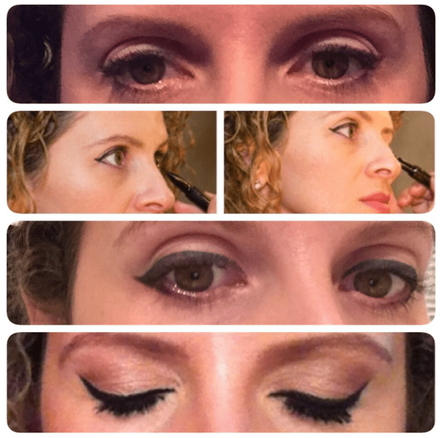 Na ordem: o delineado que consegui fazer sozinha; eu tentando; delineado profi  de @viniciusmakeup e delineado profi de @andreacassolari